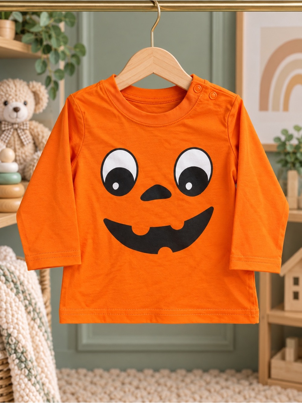 H&M Baby Pumpkin Face Halloween Long Sleeve Shirt Orange 6M NWT